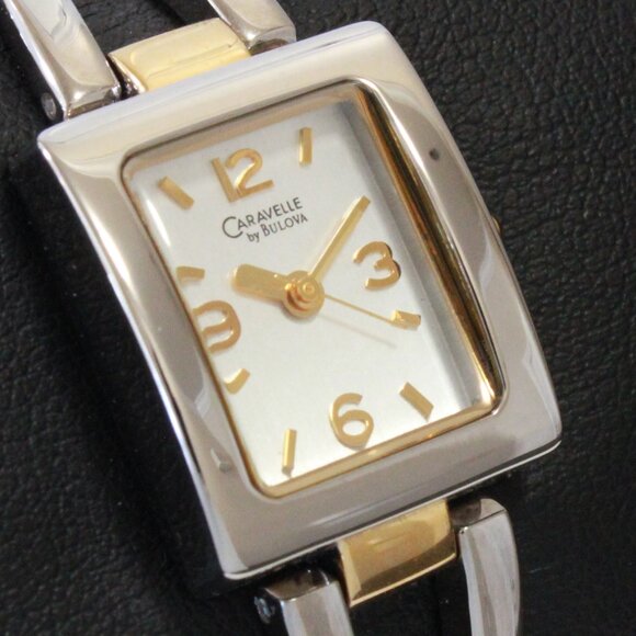 Caravelle Ladies Silver Tone With Gold Accents ½ Bangle Bracelet MOP Dial 16mm - Picture 8 of 15